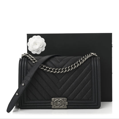 Chanel Caviar Chevron Quilted New Medium Boy Flap Dark Navy Blue 11 of 11