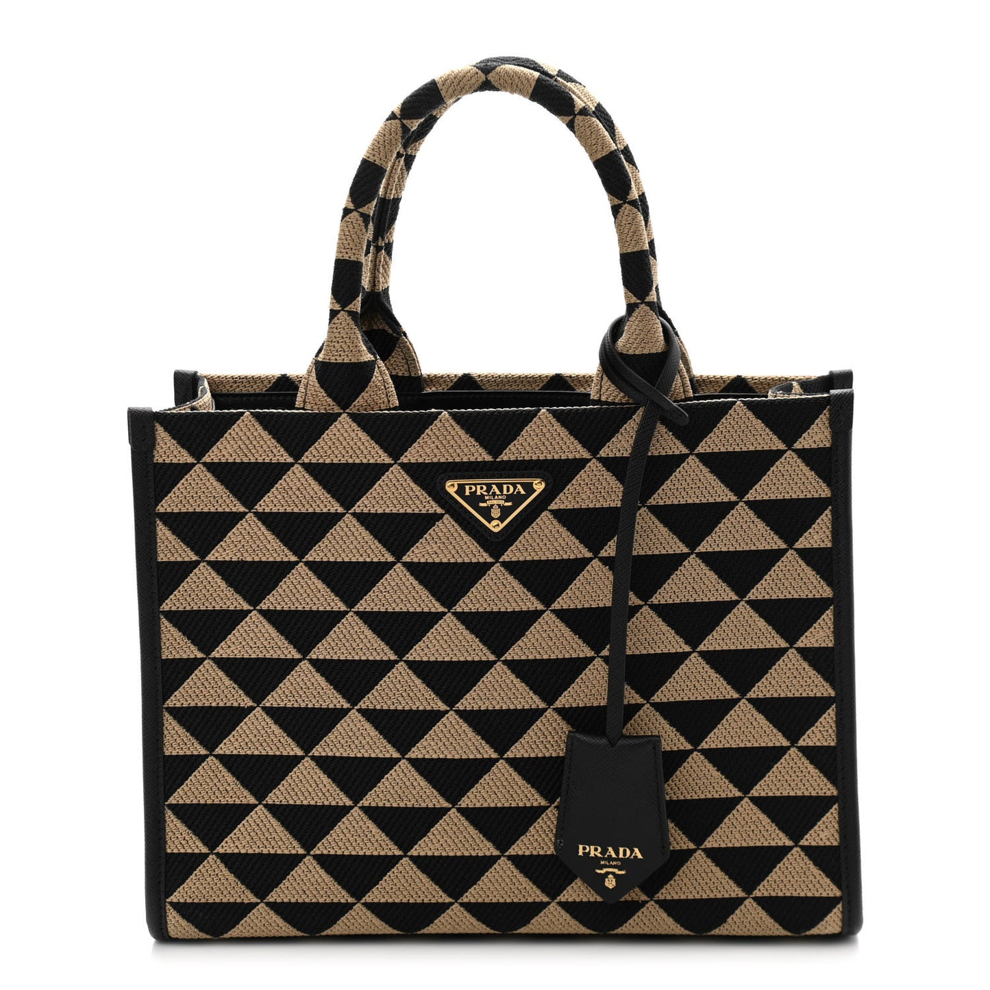 Jacquard Saffiano Triangolo Symbole Embroidered Small Tote Black Corda