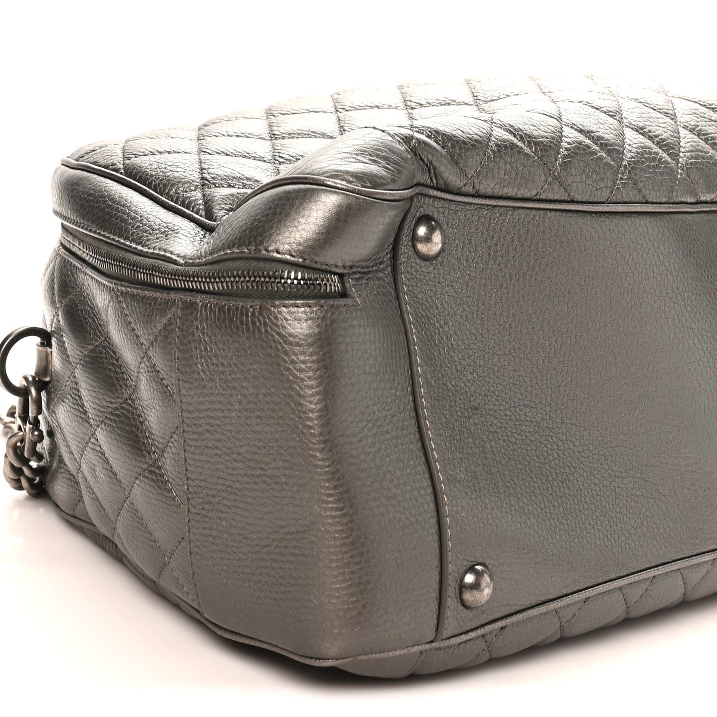 Metallic Calfskin Quilted Medium Airlines Round Trip Bowling Bag Silver