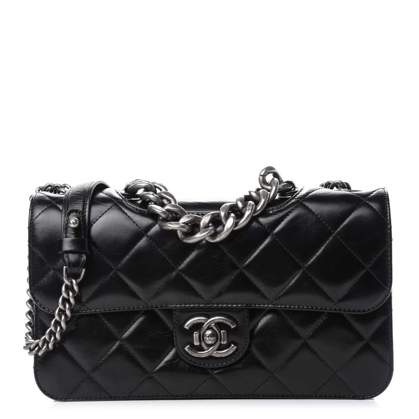 Glazed Calfskin Quilted Medium Perfect Edge Flap Black