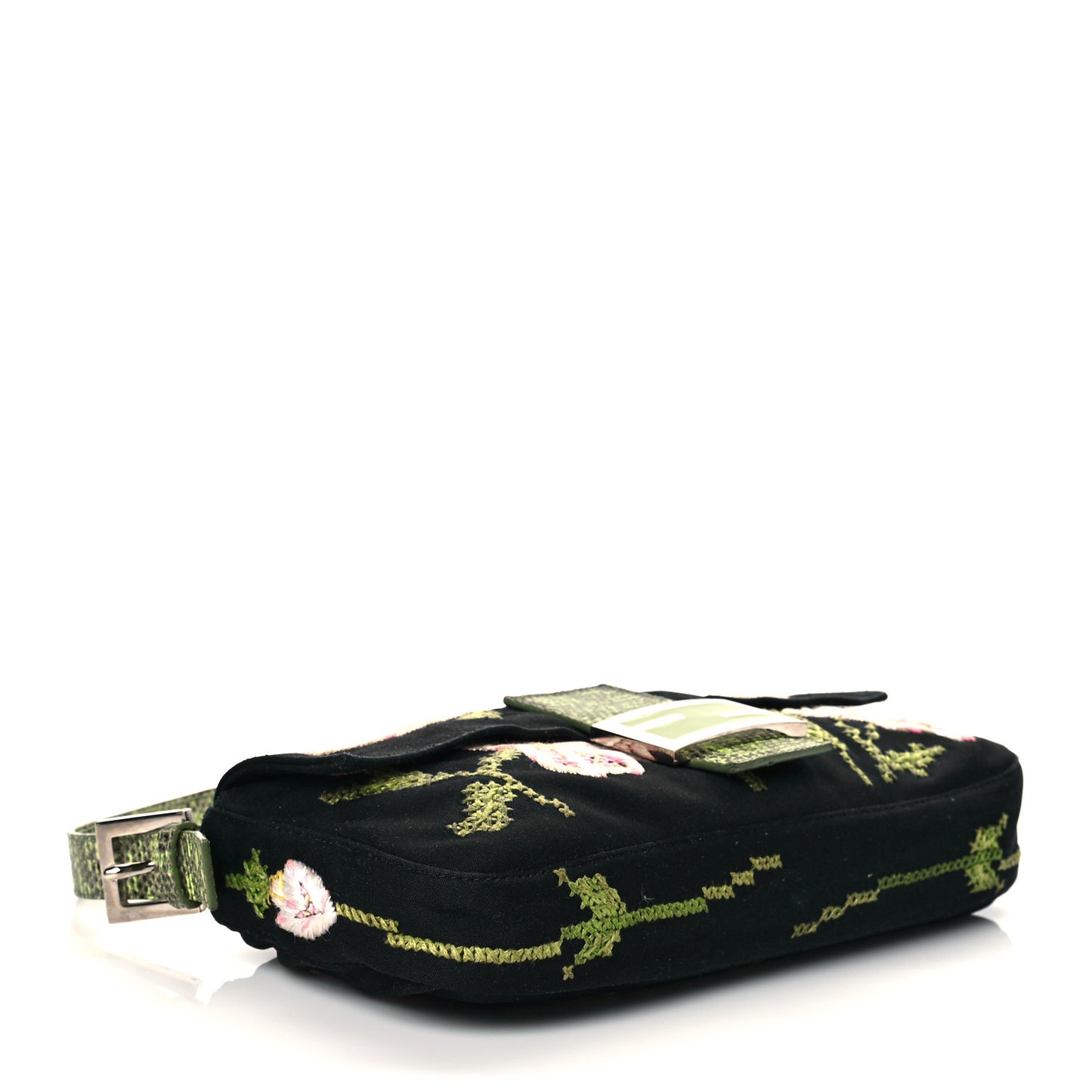 Canvas Lizard Embroidered Flower Baguette Black Multicolor