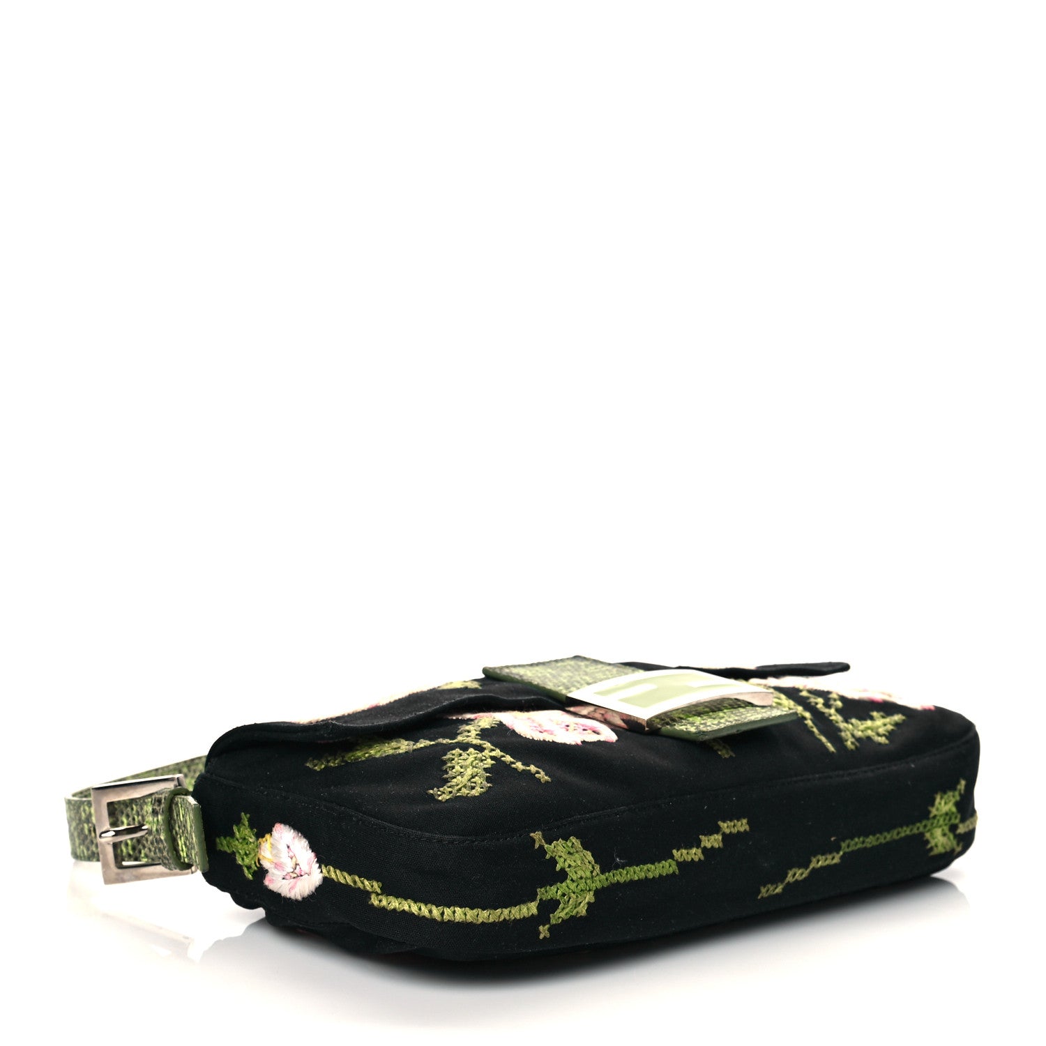 Fendi Canvas Lizard Embroidered Flower Baguette Black Multicolor 4 of 11