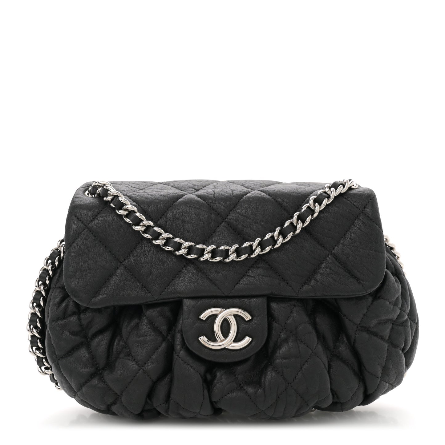 Washed Lambskin Quilted Medium Chain Around Messenger Black