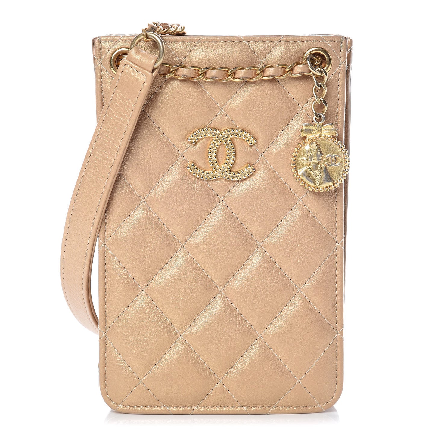 Metallic Calfskin Quilted Crossbody CC Phone Holder Gold