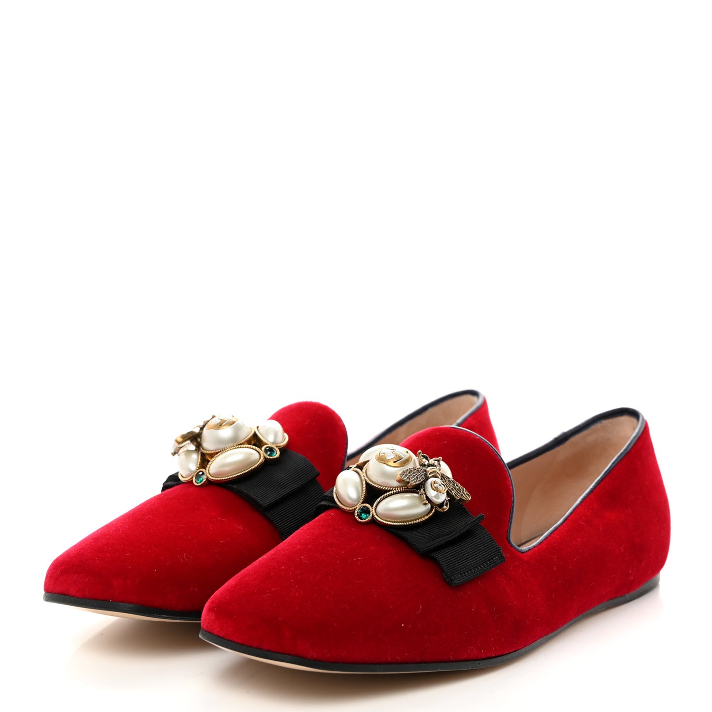 Velvet Etoile Pearl Embellished Loafers 40.5 Red