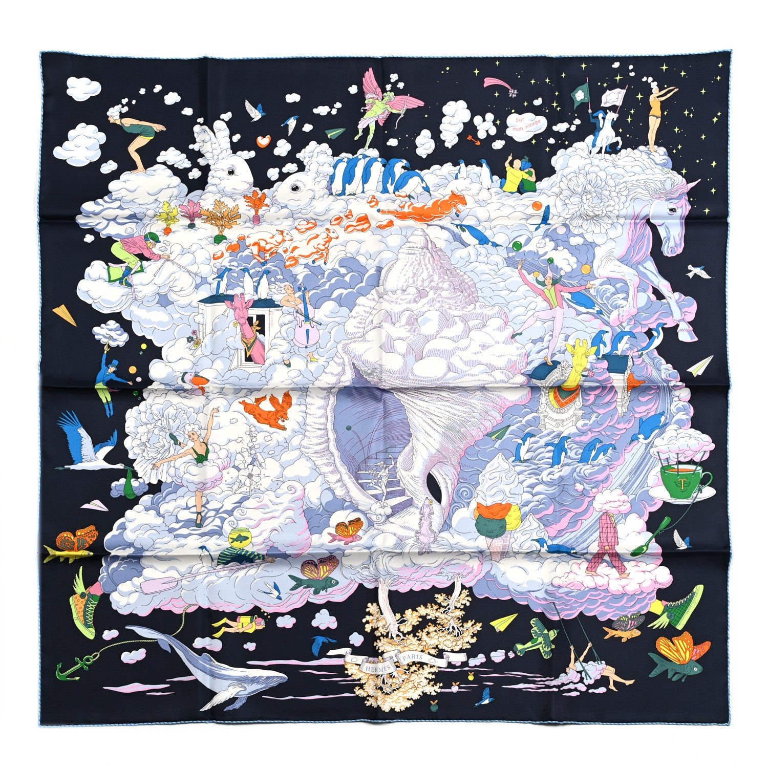 Hermes Silk Sur Mon Nuage Scarf 90 Bleu Black Mauve Multicolor 1 of 6
