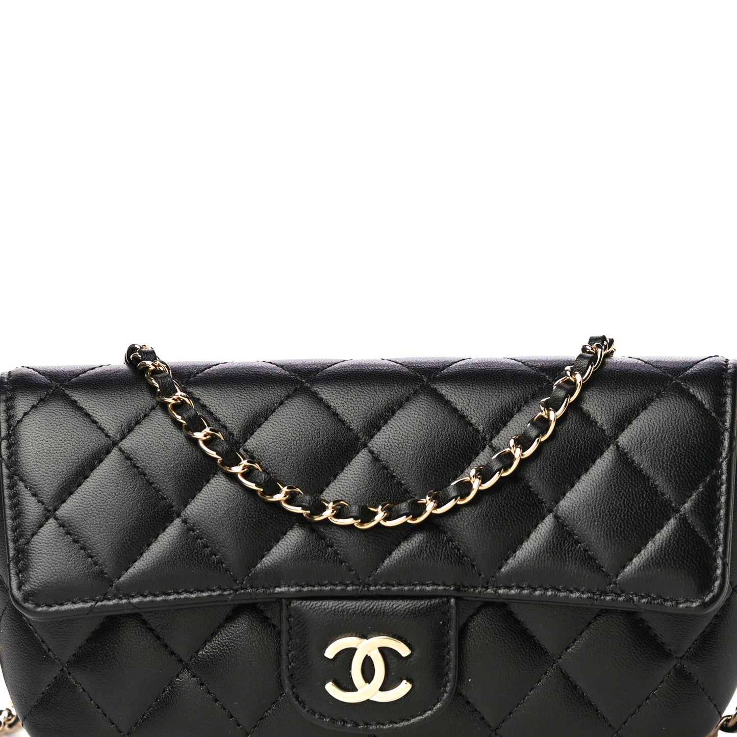 Lambskin Quilted Glasses Case With Chain Black