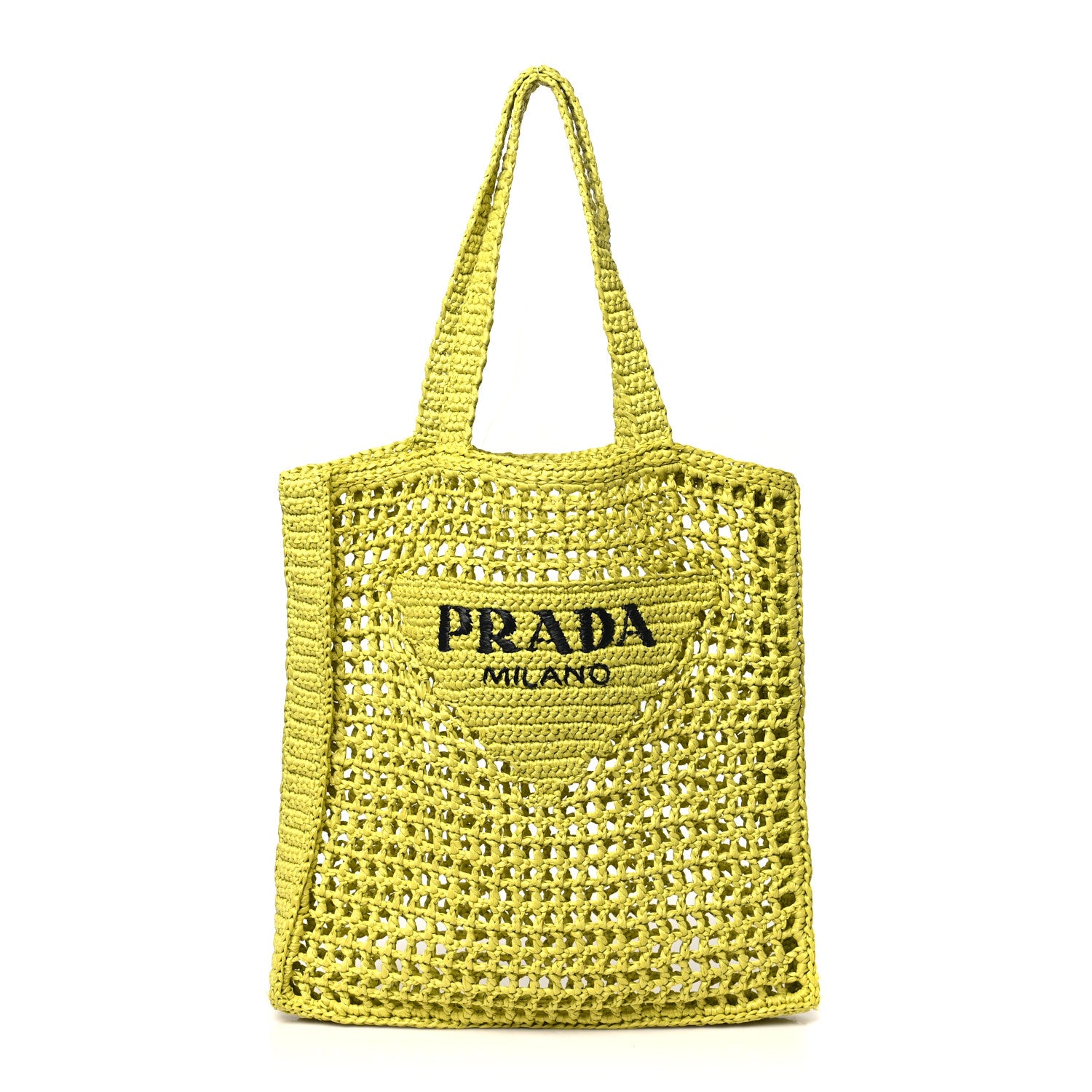 Prada Yarn Raffia Effect Crochet Logo Embroidered Tote Bag Cedro 1 of 10