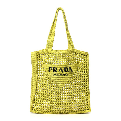 Prada Yarn Raffia Effect Crochet Logo Embroidered Tote Bag Cedro 1 of 10