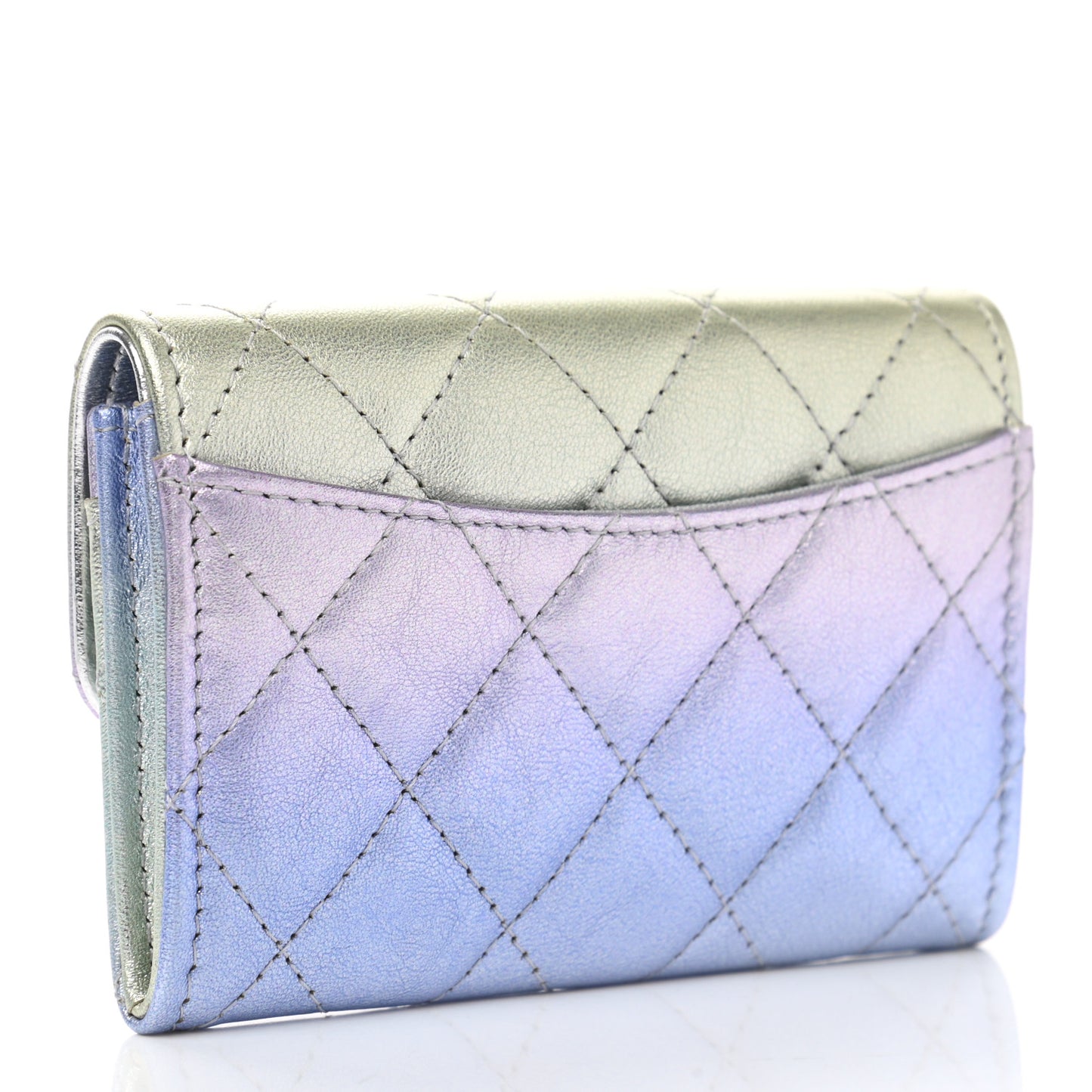 Gradient Metallic Calfskin Quilted Flap Card Holder Wallet Silver Blue Yellow Purple
