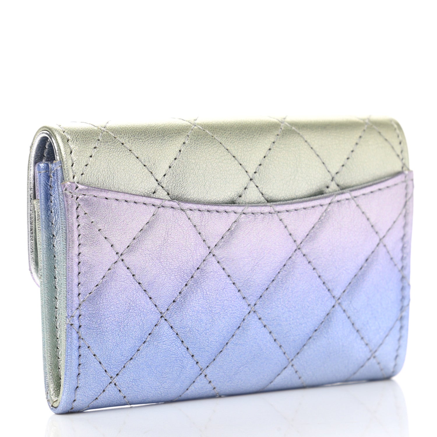 Chanel Gradient Metallic Calfskin Quilted Flap Card Holder Wallet Silver Blue Yellow Purple 3 of 9