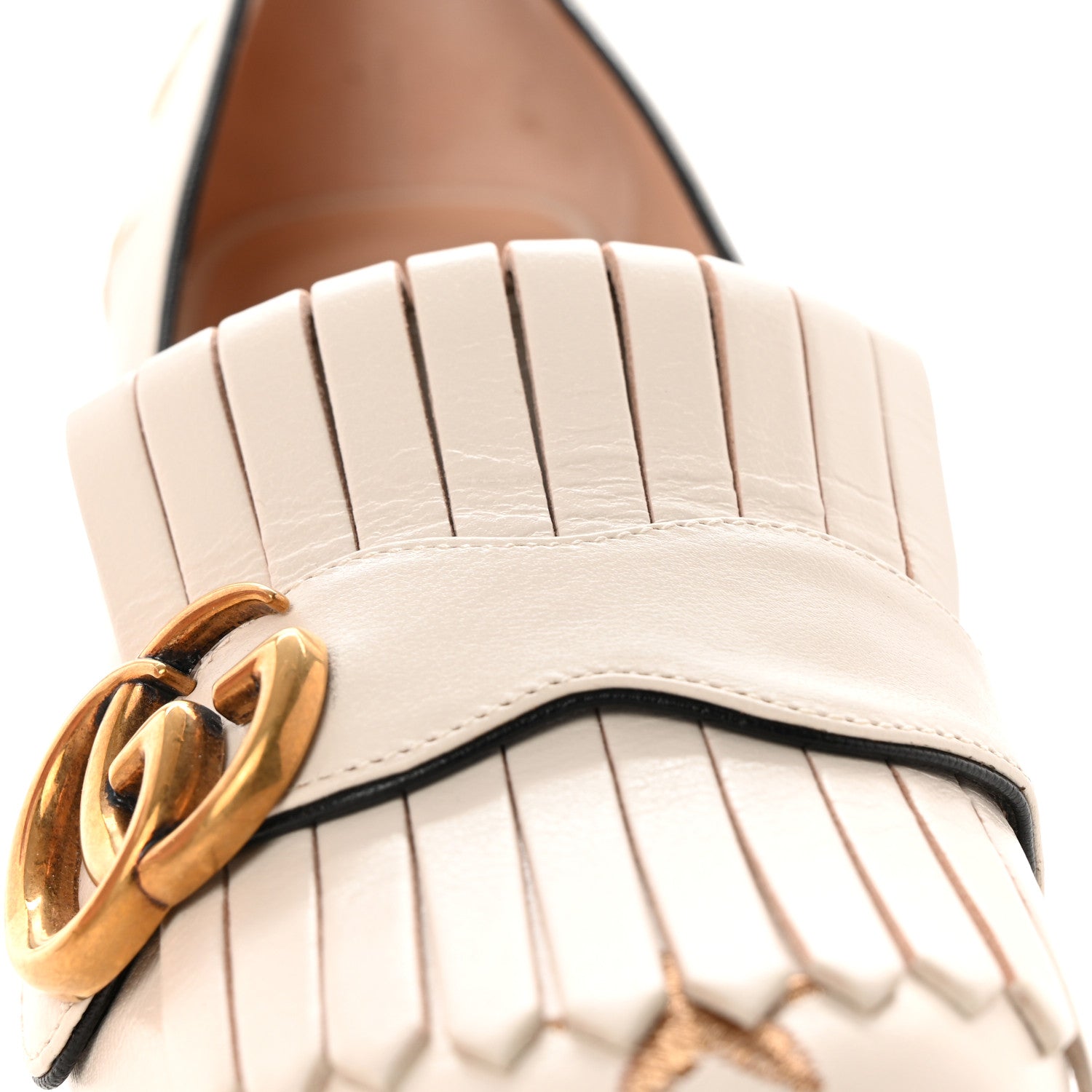 Gucci Quentin Goatskin Bee Star Embroidered GG Marmont Fringe 50mm Loafer Pumps 37 Mystic White 10 of 11
