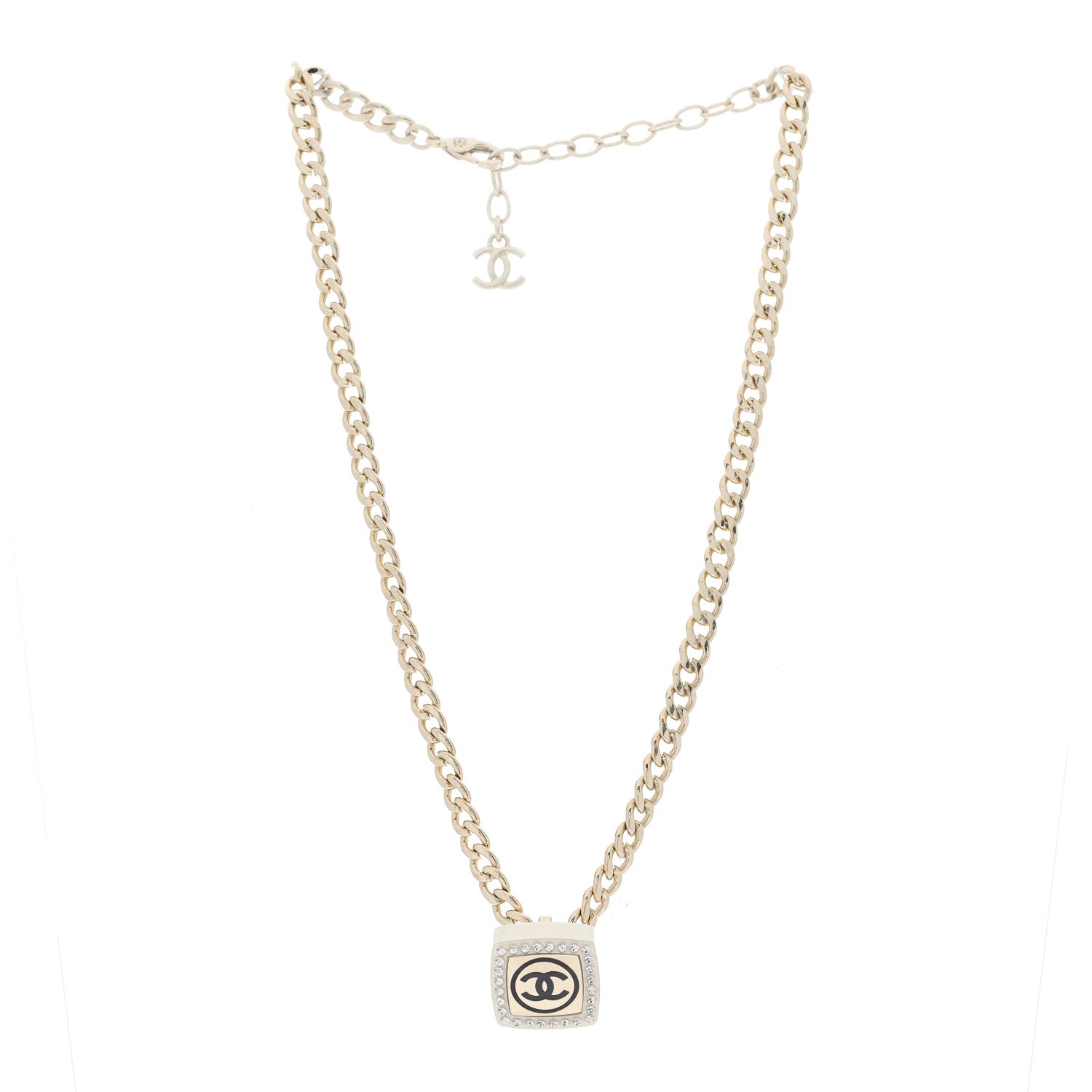 Chanel CC Crystal Resin Square Pendant Necklace Gold 2 of 3