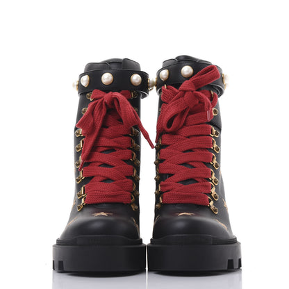Gucci Calfskin Embroidered Lace Up Combat Ankle Boots 39.5 Black 3 of 11