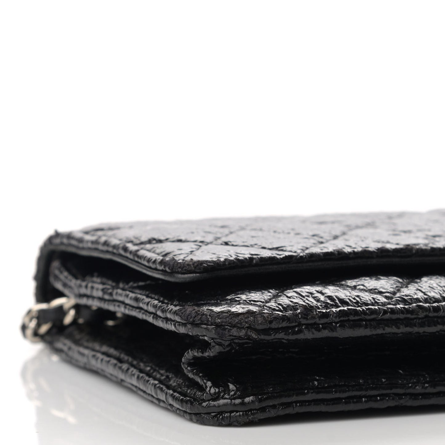Distressed Patent Calfskin Quilted Wallet on Chain WOC Black