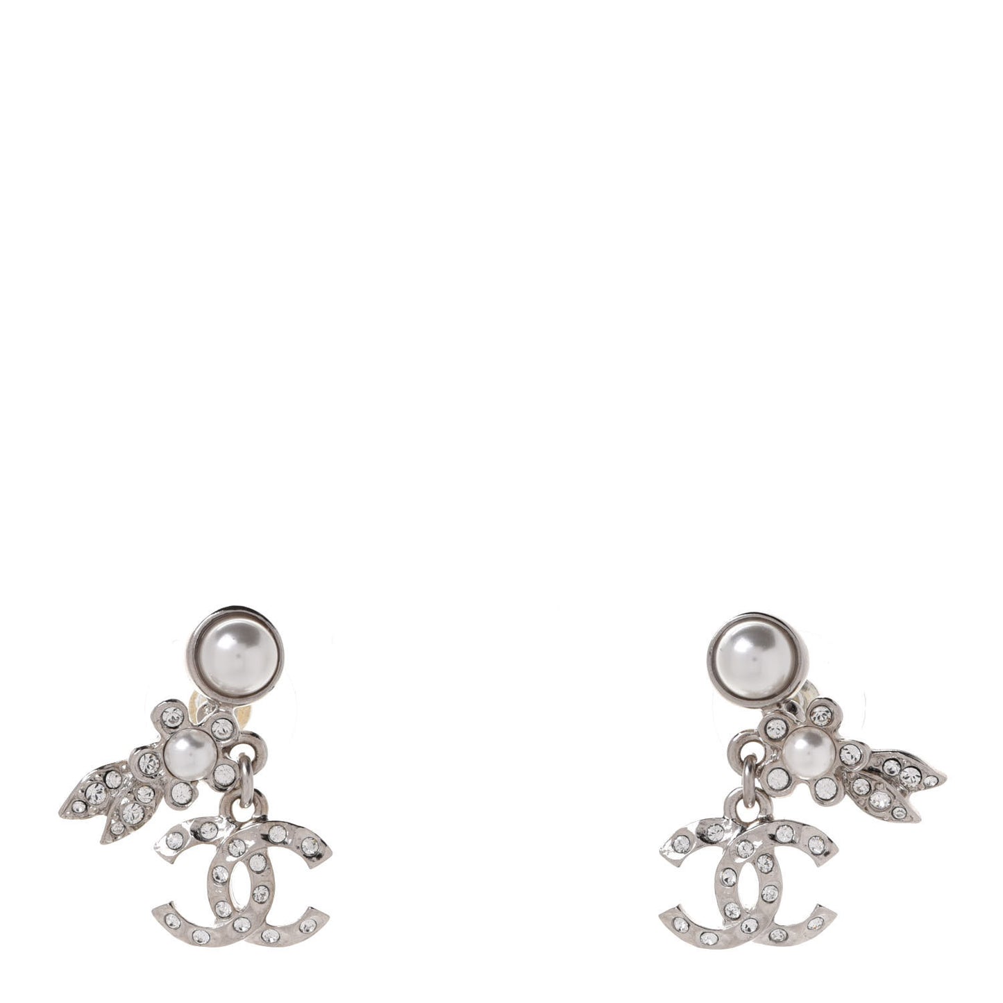 Crystal Pearl CC Leaf Earrings Silver