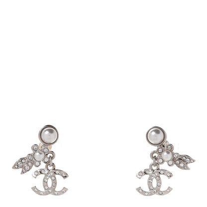 Chanel Crystal Pearl CC Leaf Earrings Silver 1 of 4