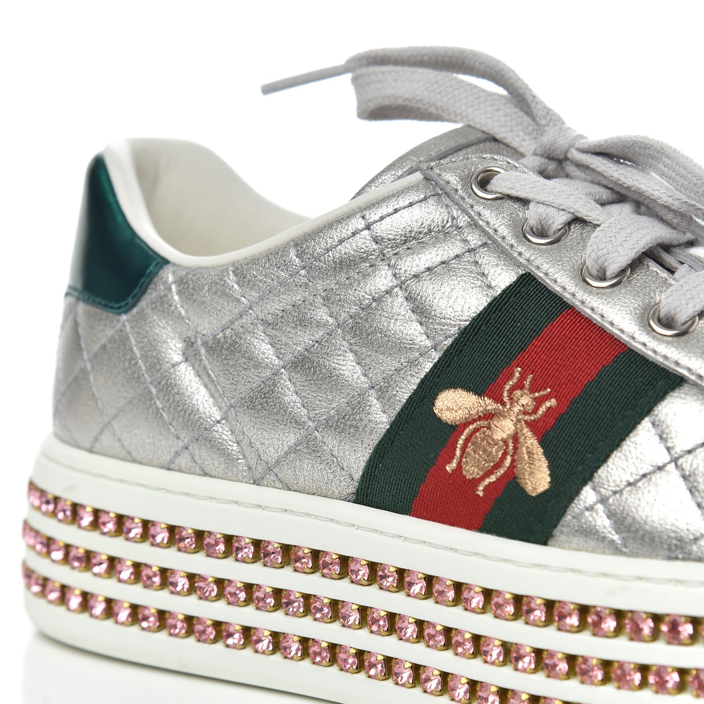Laminated Nappa Crystal Web Bee Embroidered Trapuntata Womens Ace Platform Sneakers 36.5 Argento