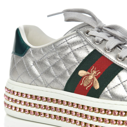 Gucci Laminated Nappa Crystal Web Bee Embroidered Trapuntata Womens Ace Platform Sneakers 36.5 Argento 13 of 21