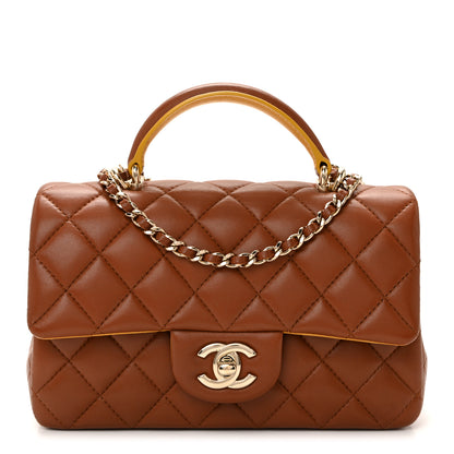 Chanel Lambskin Quilted Bi-Color Mini Top Handle Rectangular Flap Light Brown Yellow 1 of 10