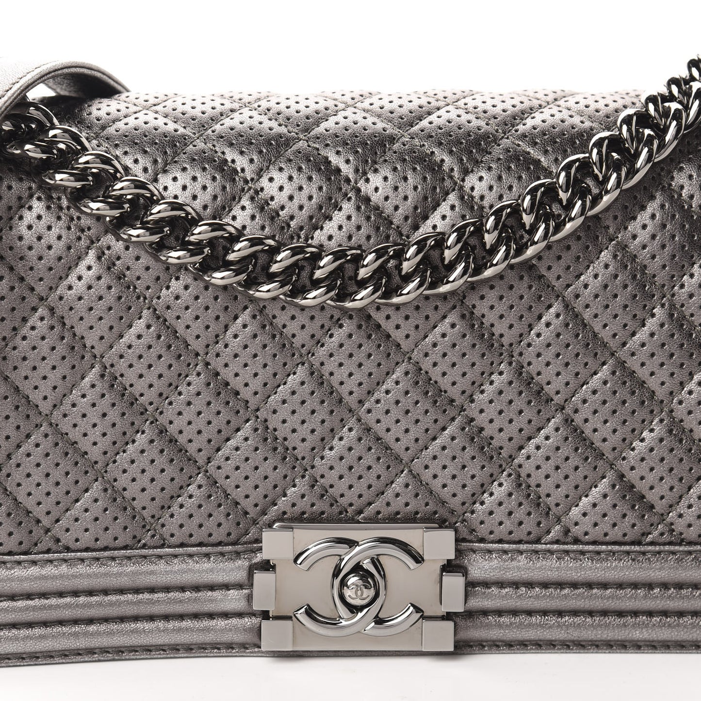 Metallic Lambskin Perforated Medium Boy Flap Dark Silver