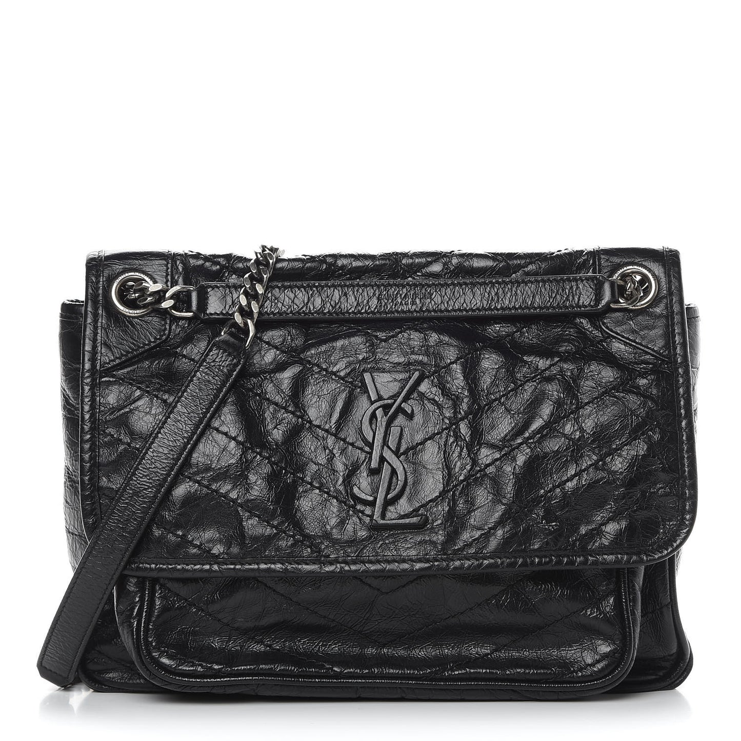 Crinkled Calfskin Matelasse Monogram Medium Niki Chain Satchel Black