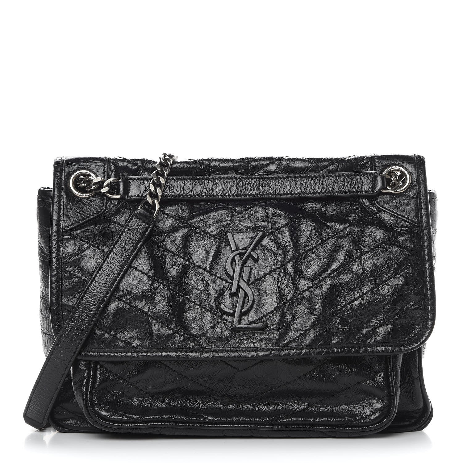 Saint Laurent Crinkled Calfskin Matelasse Monogram Medium Niki Chain Satchel Black 1 of 12