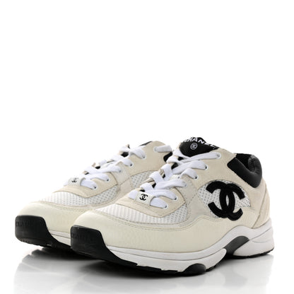 Chanel Mesh Suede Calfskin Grained Calfskin Womens CC Sneakers 38 White Black 3 of 8