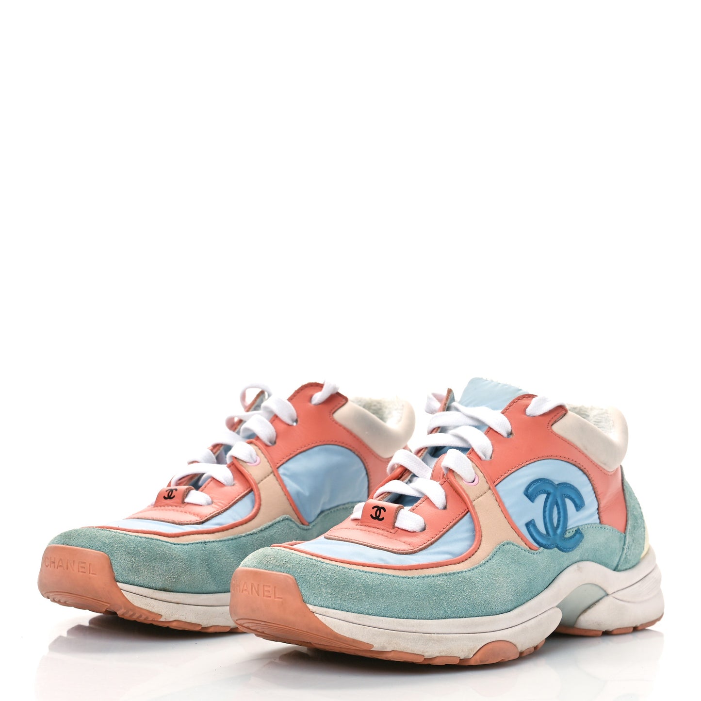 Nylon Lambskin Suede Calfskin CC Sneakers 36.5 Coral Light Blue White