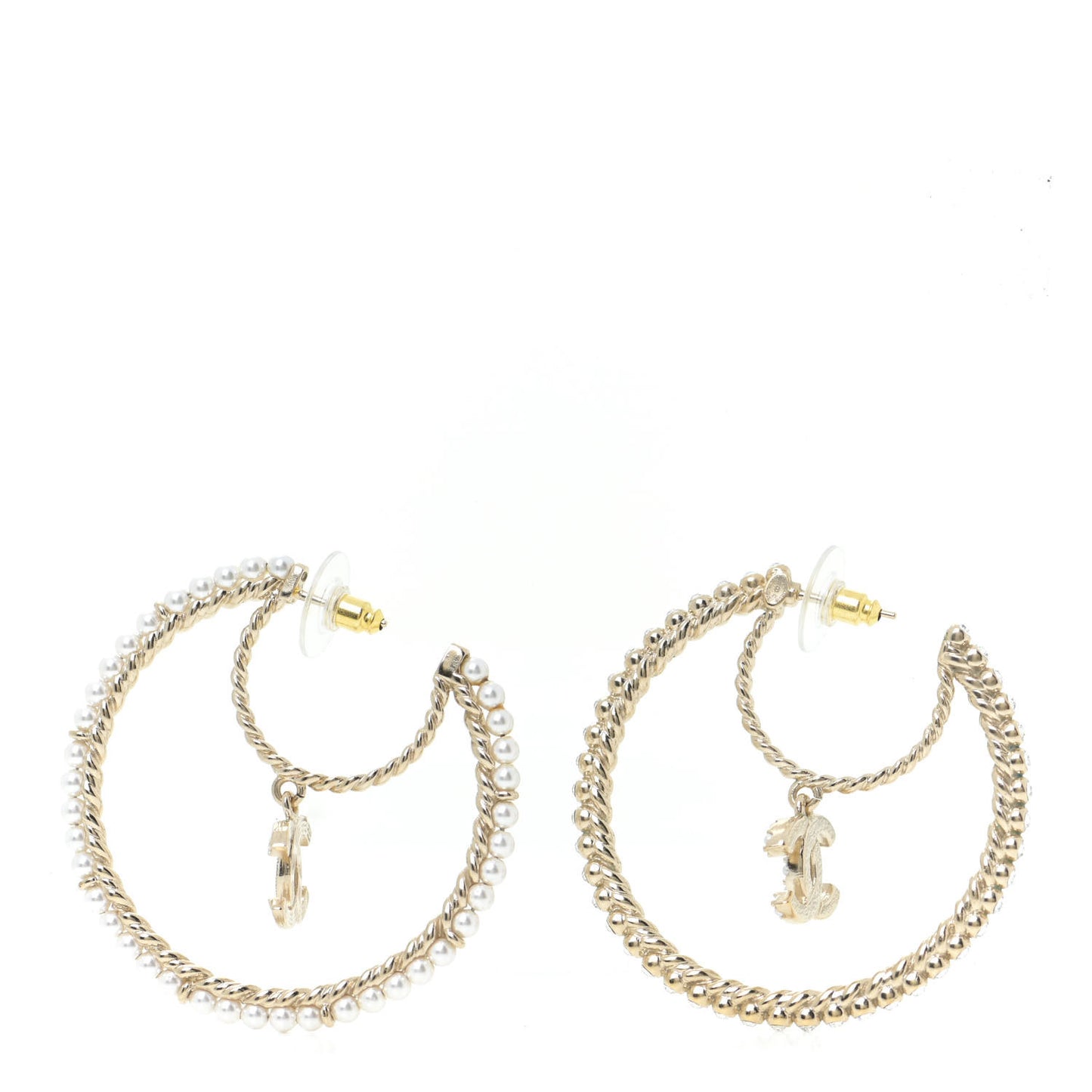 Crystal Pearl CC Drop Hoop Earrings Gold Pearly White