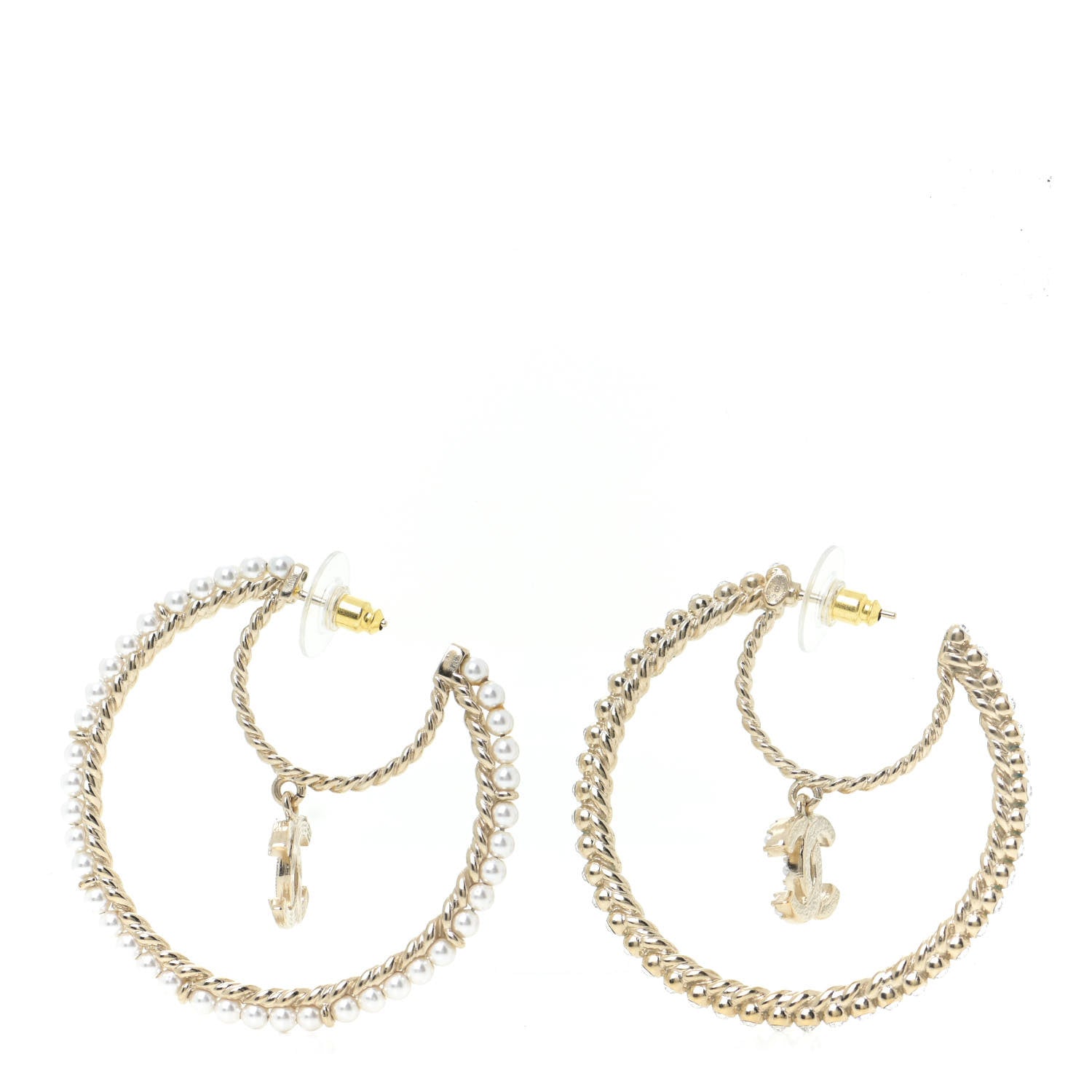 Chanel Crystal Pearl CC Drop Hoop Earrings Gold Pearly White 1 of 5