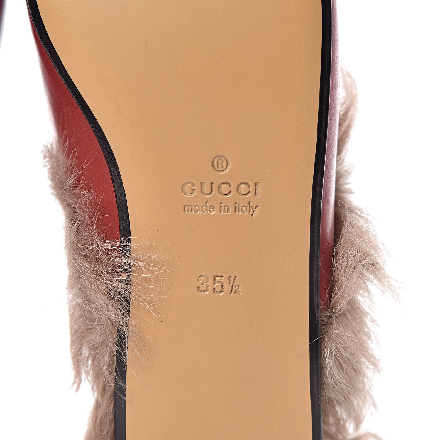 Gucci Betis Glamour Calfskin Fur Womens Princetown Slippers 35.5 Hibiscus Red Naturale 6 of 10
