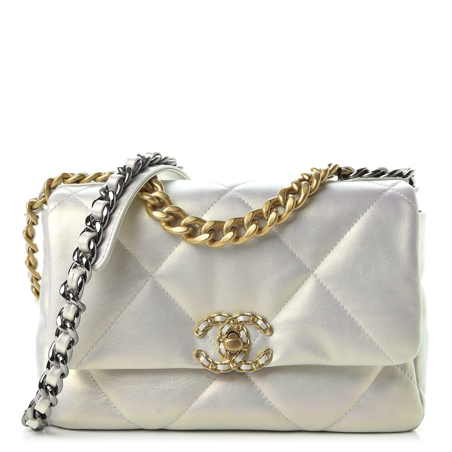Iridescent Calfskin Quilted Medium 19 Flap White