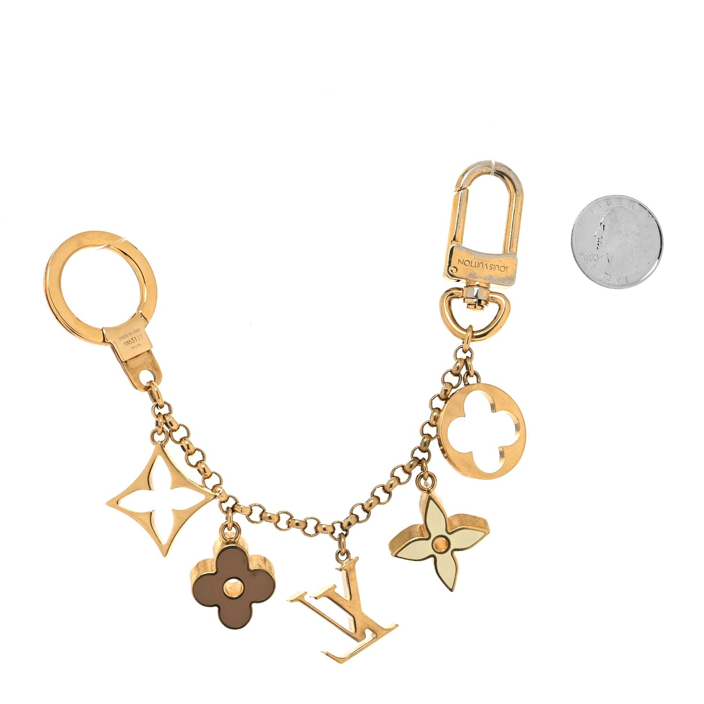 Brass Enamel Fleur De Monogram Bag Charm Chain Gold