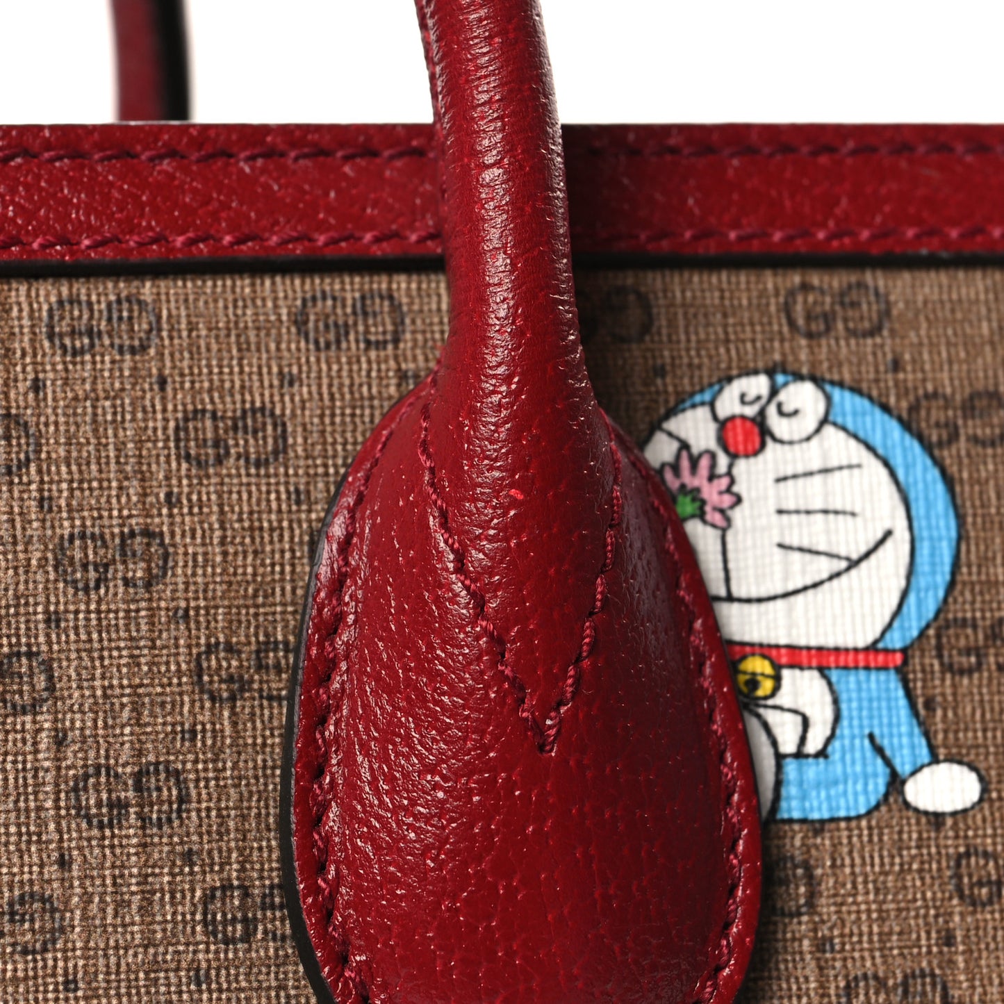 X DORAEMON Mini Vintage GG Supreme Monogram Large Tote Bag Beige Cherry Red