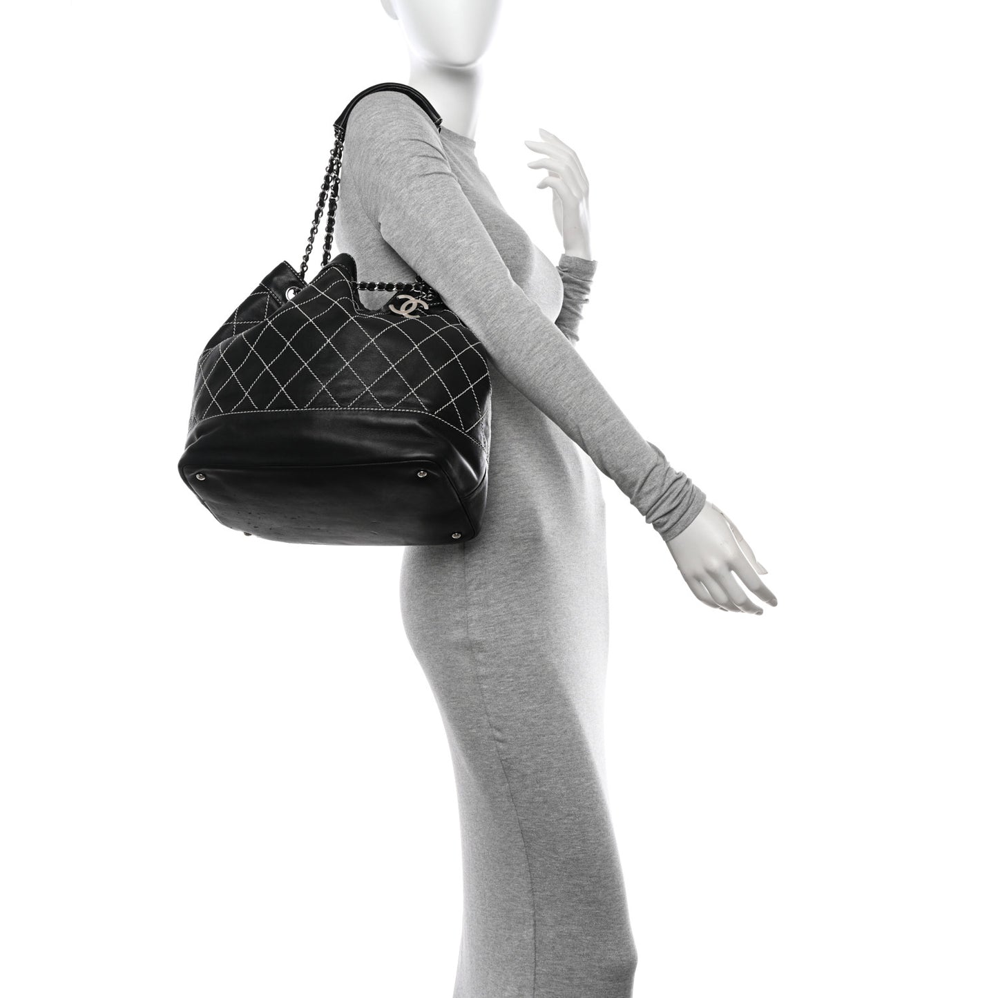 Calfskin Contrast Stitch Surpique Bucket Bag Black