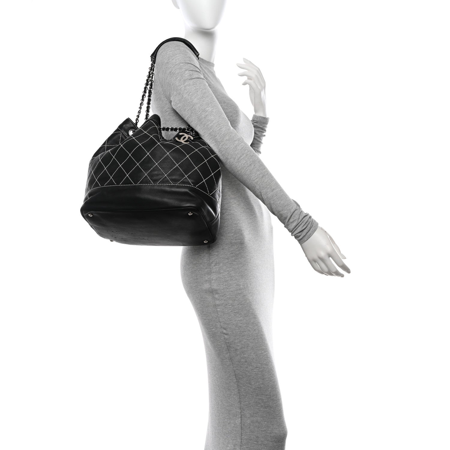 Chanel Calfskin Contrast Stitch Surpique Bucket Bag Black 2 of 11