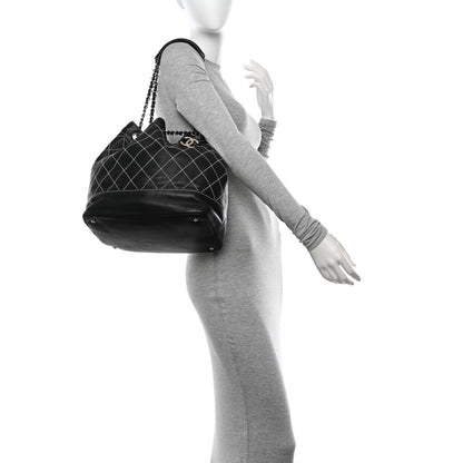Chanel Calfskin Contrast Stitch Surpique Bucket Bag Black 2 of 11