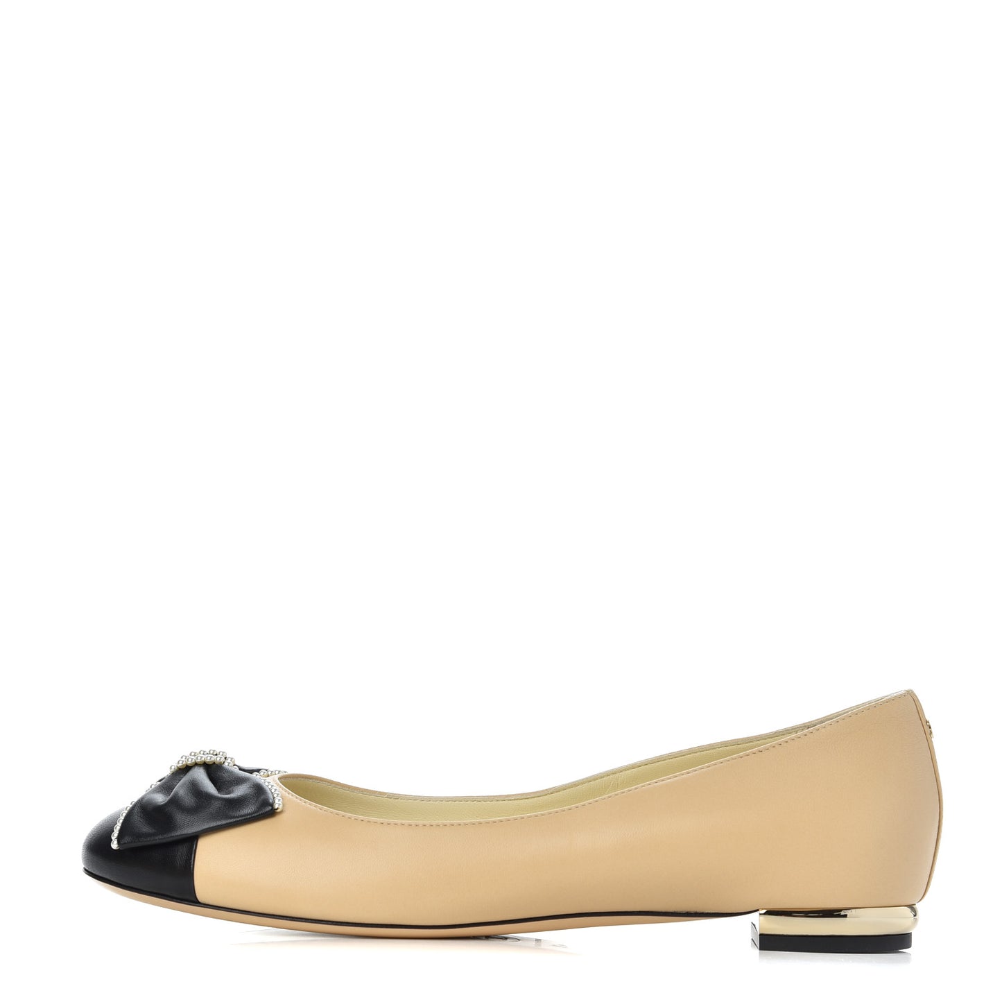 Lambskin Pearl Bow Ballerina Flats 40 Beige Black