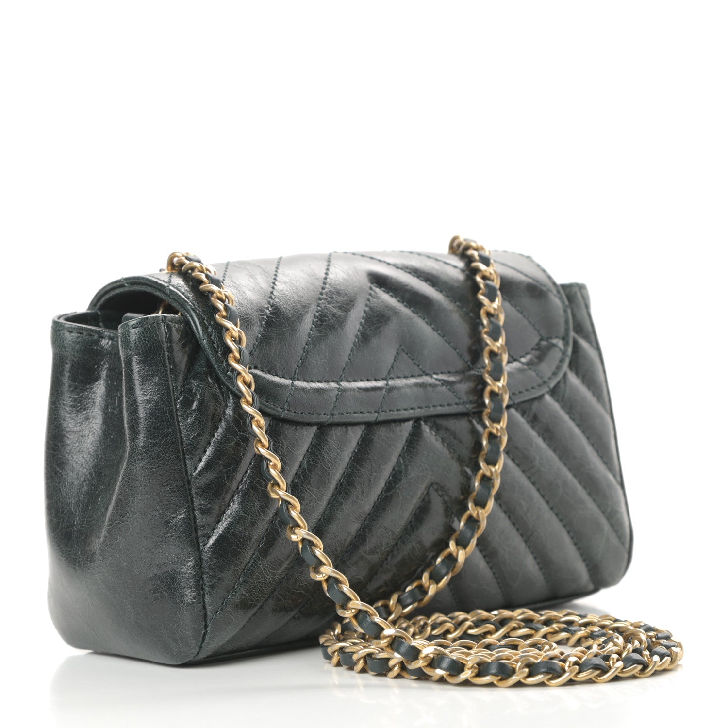 Chanel Glazed Calfskin Chevron Quilted Small Hampton Flap Dark Green 3 of 11