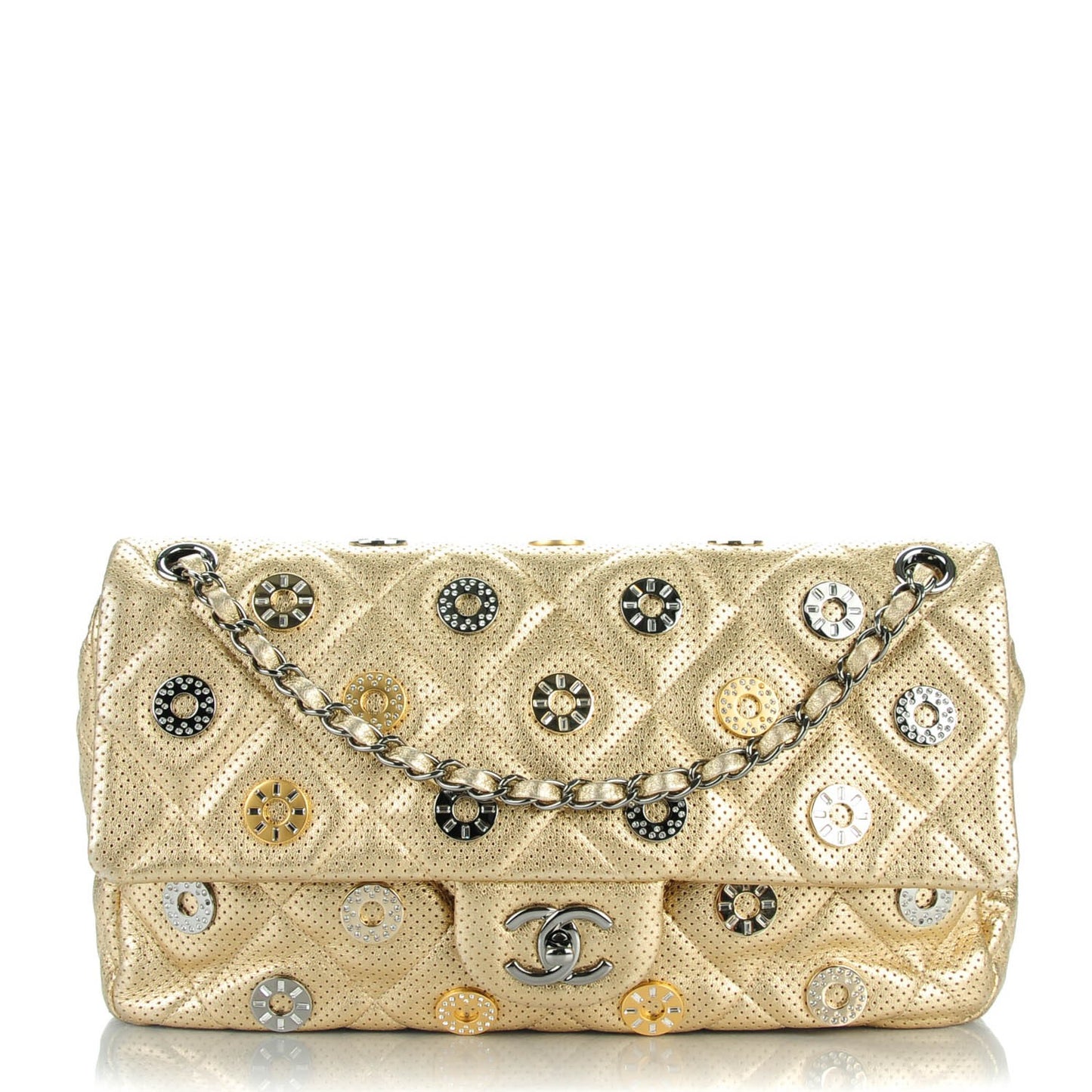 Perforated Metallic Lambskin Jumbo CC Medals Flap Gold