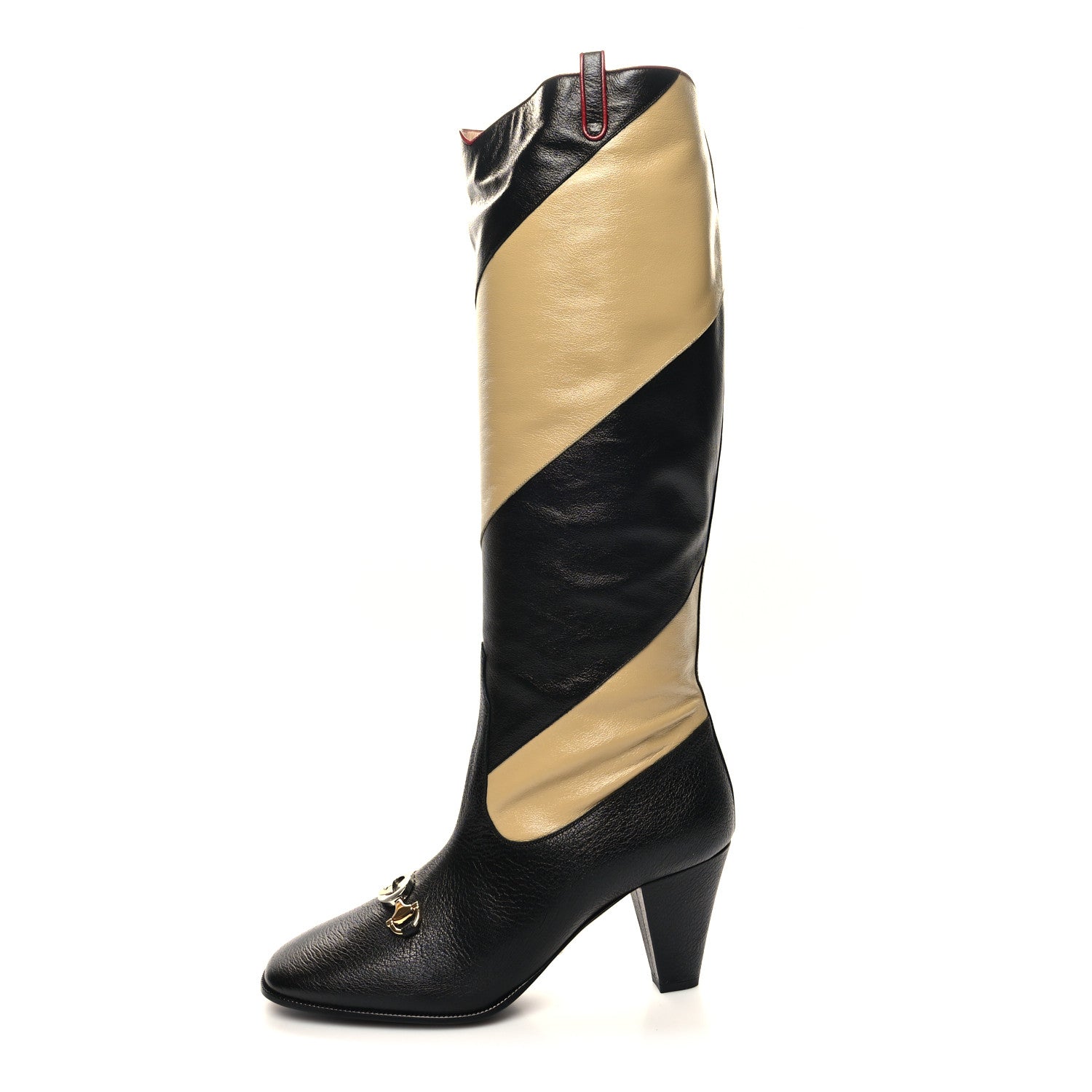 Gucci Calfskin Wrinkled Kid Diagonal Striped Zumi Knee Boots 41 Black Beige Romantic Cherry 1 of 10