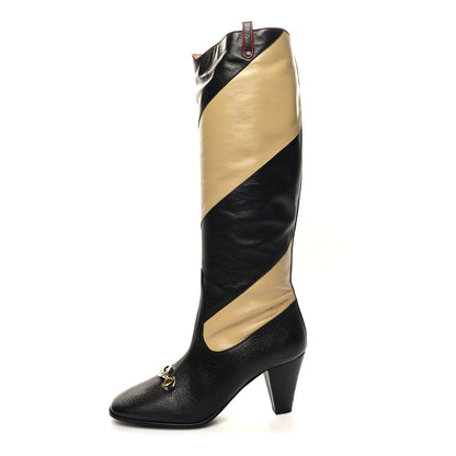 Gucci Calfskin Wrinkled Kid Diagonal Striped Zumi Knee Boots 41 Black Beige Romantic Cherry 1 of 10