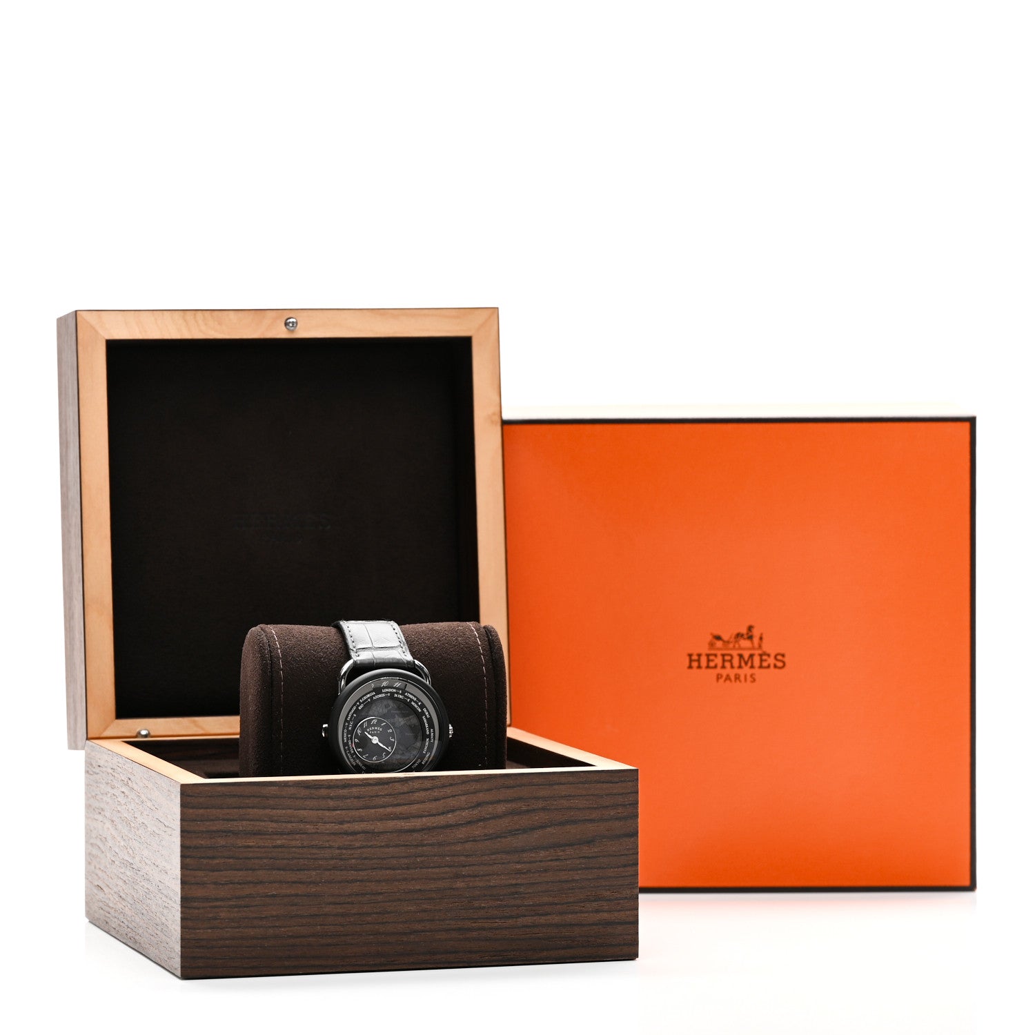 Hermes Platinum Titanium Alligator 43mm Arceau Le Temps Voyageur