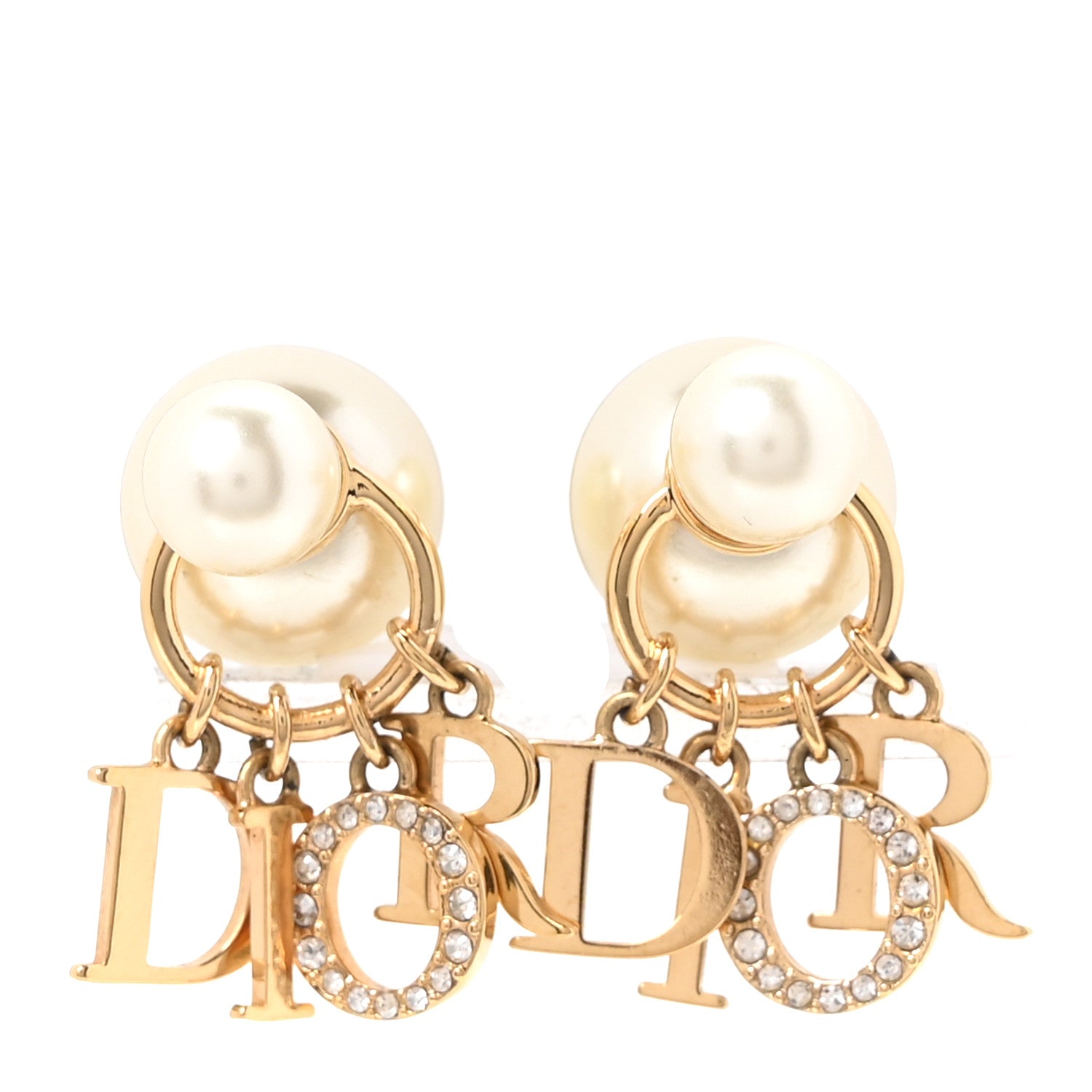 Christian Dior Pearl Crystal Tribal Logo Charms Earrings Gold 1 of 4