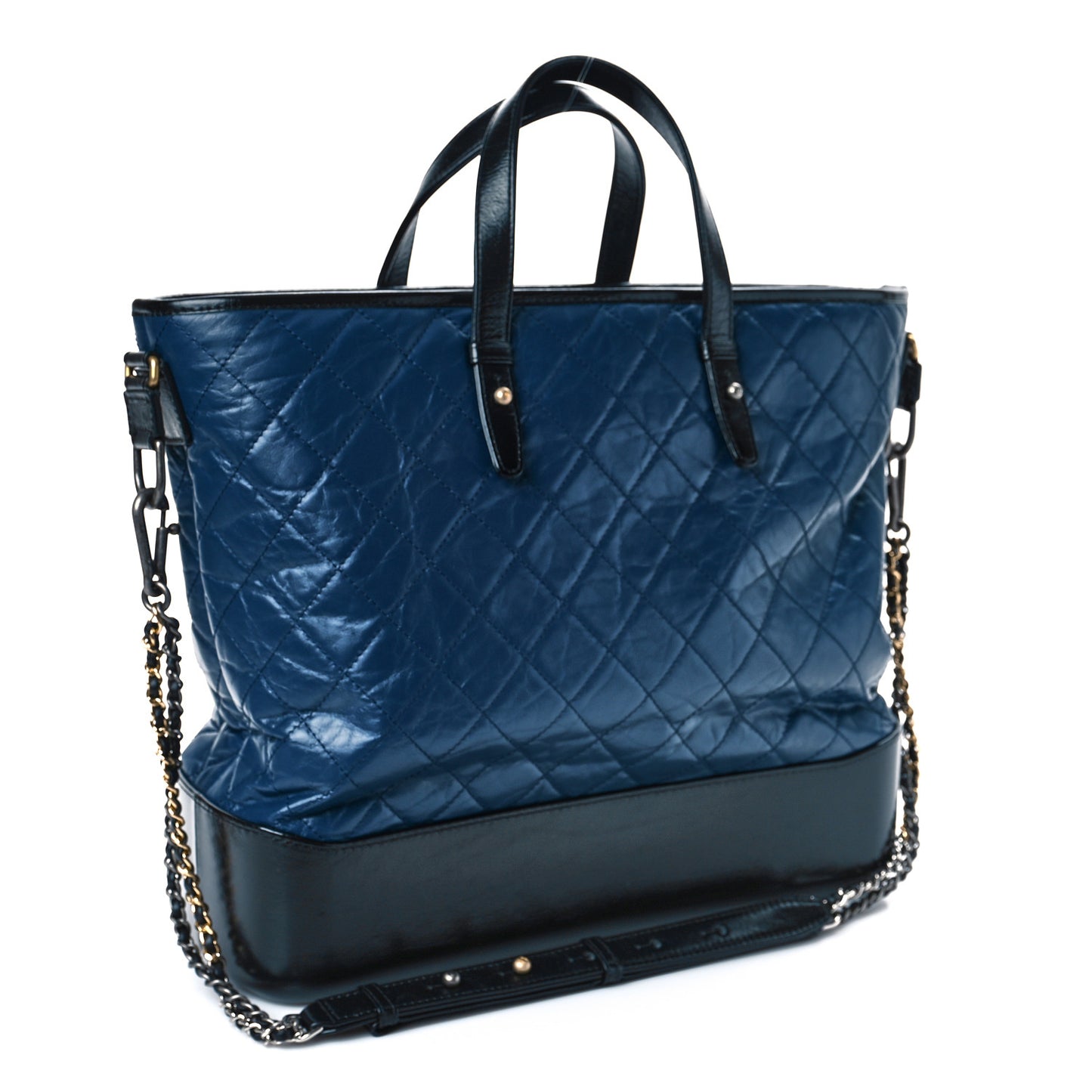 Metallic Aged Calfskin Quilted Large Gabrielle Shopping Tote Navy Black