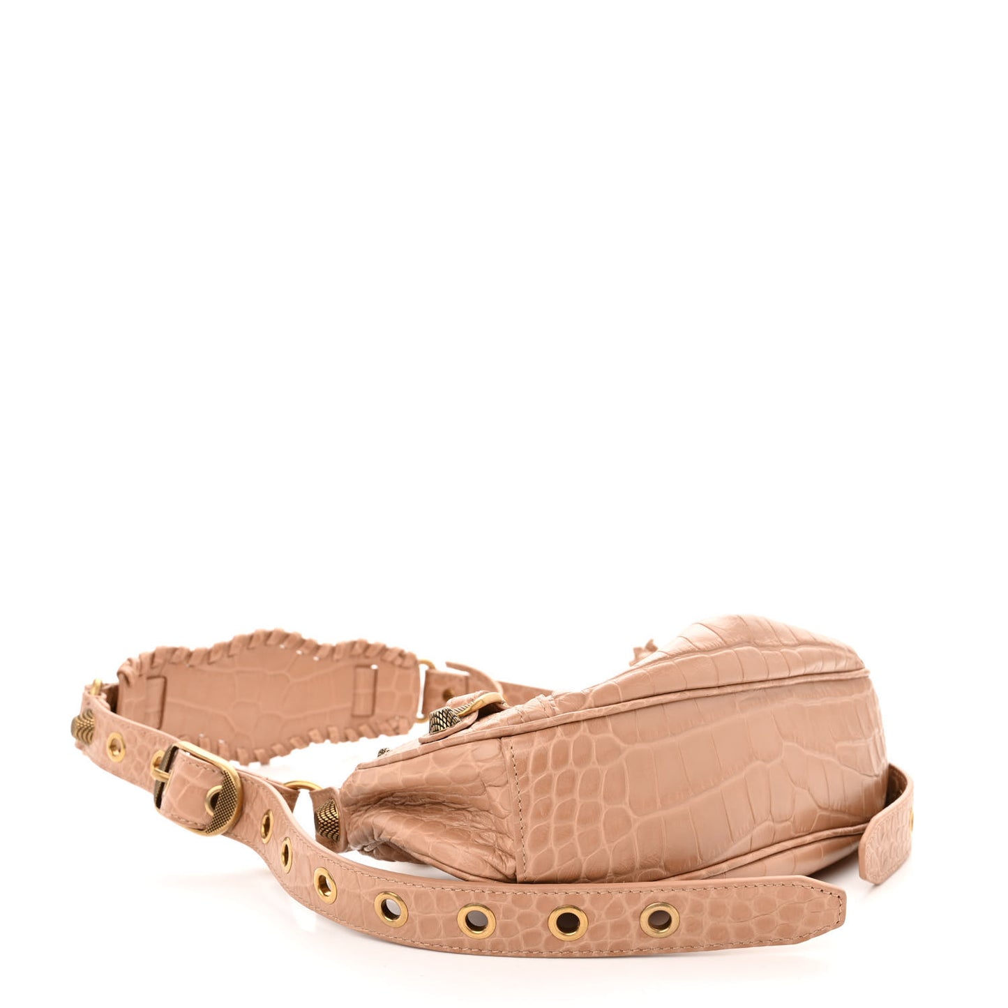 Extra Supple Calfskin Crocodile Embossed Le Cagole Shoulder Bag XS Nude Beige