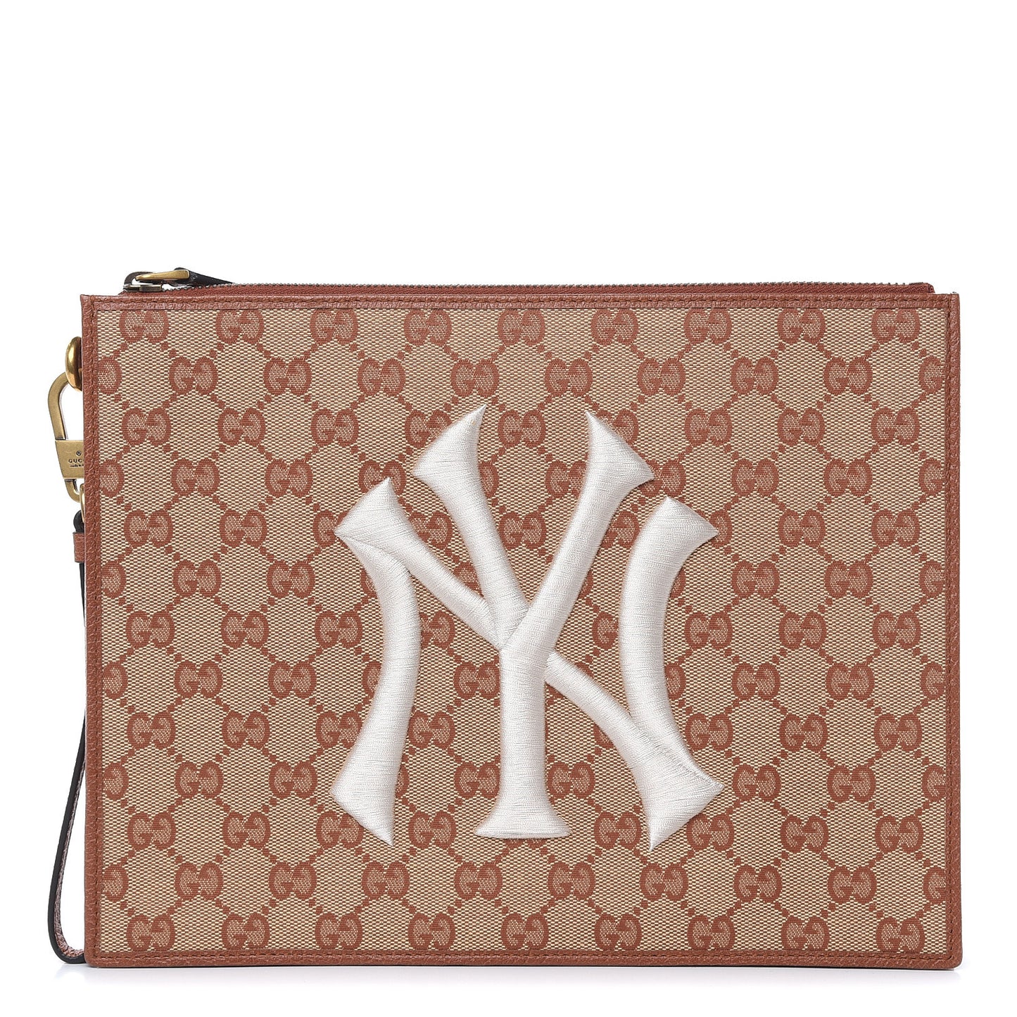 X MLB GG Monogram NY Yankees Zip Wristlet Pouch Beige Ruggine Ivory