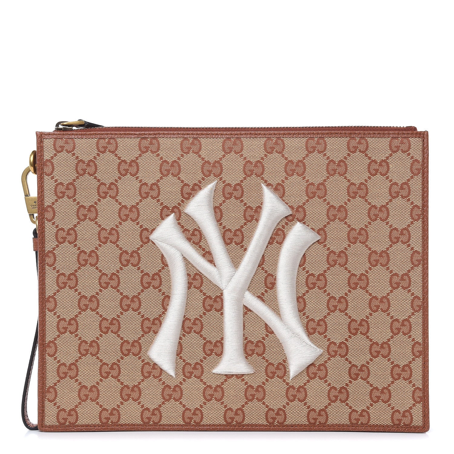 Gucci X MLB GG Monogram NY Yankees Zip Wristlet Pouch Beige Ruggine Ivory 1 of 10