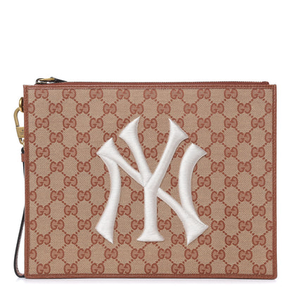Gucci X MLB GG Monogram NY Yankees Zip Wristlet Pouch Beige Ruggine Ivory 1 of 10